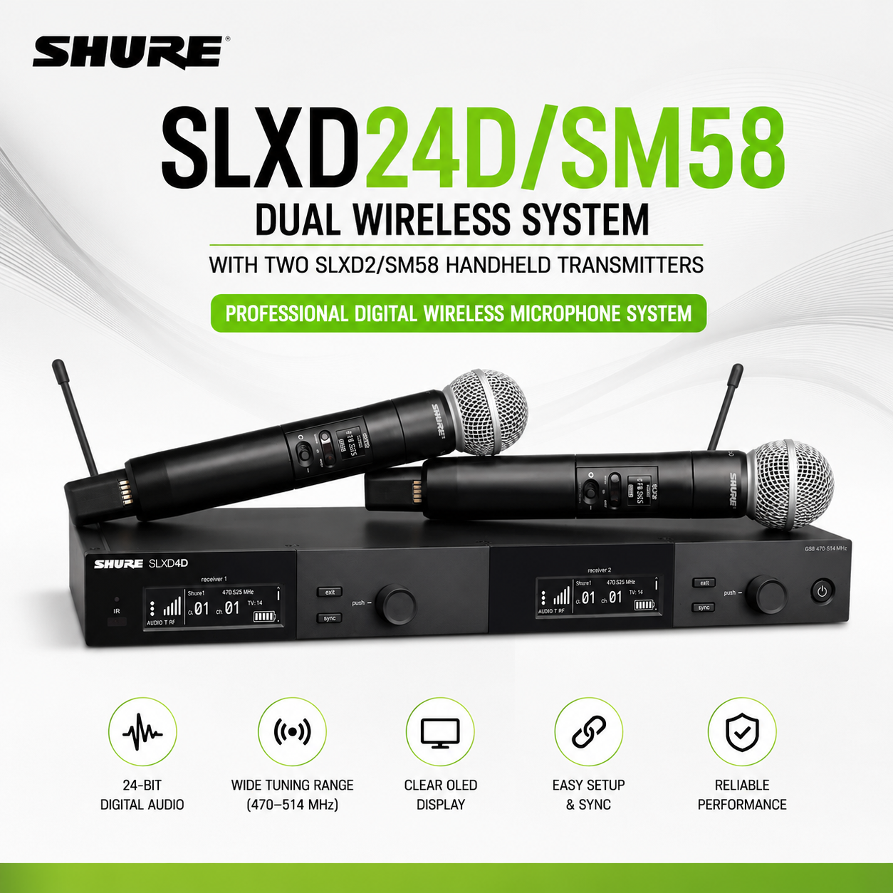 Shure SLXD24D/SM58 Dual Wireless System with Two SLXD2/SM58 Handheld Transmitters – Professional Digital Wireless Microphone System