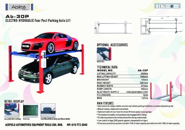 AB - 30P Electro - Hydraulic Four Post Parking Auto Lift Mesin Lif Pos Abilita Italy Malaysia Johor Selangor KL Supply Supplier Suppliers | Acefield Automotive Equipment Tools Sdn Bhd