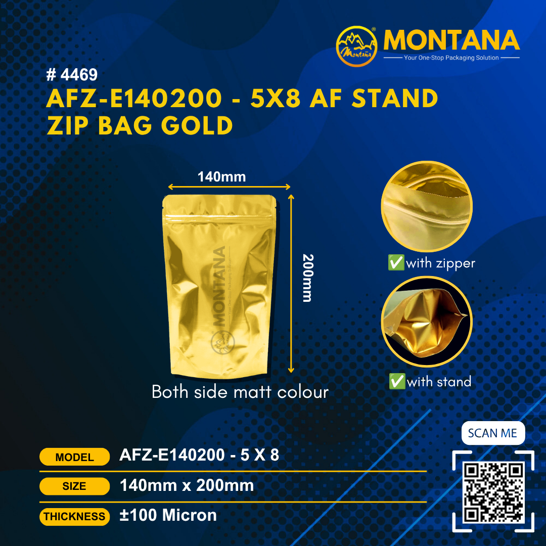 (4469) AFZ-E140200 - 5X8 AF STAND ZIP BAG GOLD