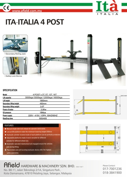 Ita Italia 4 post ITA Italy Post Lift Series Malaysia, Petaling Jaya (PJ), Selangor. Supplier, Suppliers, Supply, Supplies | Afield Hardware & Machinery Sdn Bhd