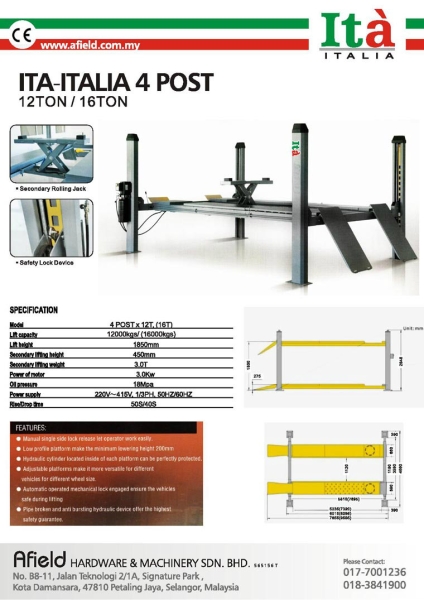 Ita 12 & 16t 4post ITA Italy Post Lift Series Malaysia, Petaling Jaya (PJ), Selangor. Supplier, Suppliers, Supply, Supplies | Afield Hardware & Machinery Sdn Bhd