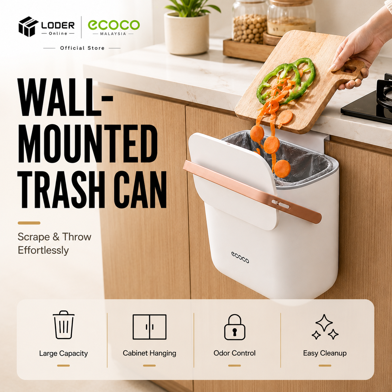 LODER ECOCO Wall Mounted Trash Can Kitchen Hanging Dustbin Cabinet Door Garbage Bin 10L Countertop