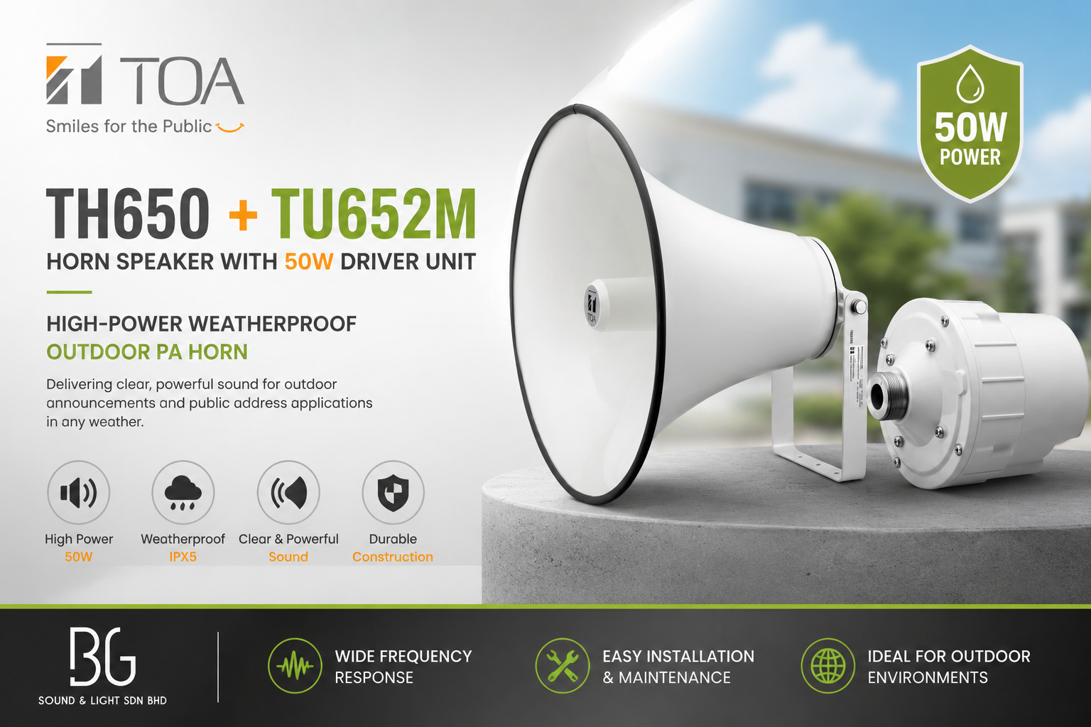 TOA TH650 + TU652M 号角扬声器配50W驱动单元 – 高功率防水户外广播喇叭
