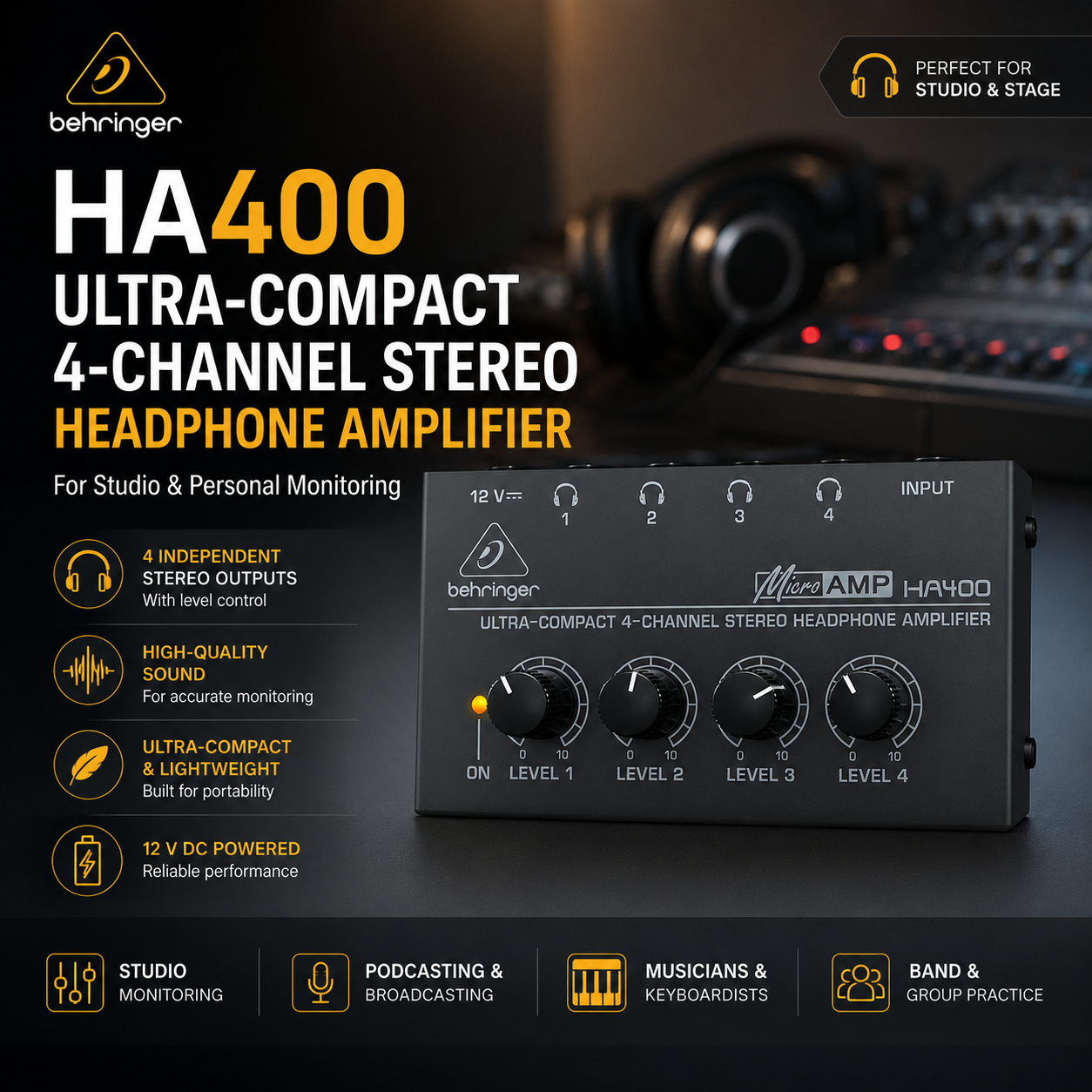 Behringer HA400 – Penguat Fon Kepala Stereo 4 Saluran Ultra Kompak untuk Studio & Pemantauan Peribadi