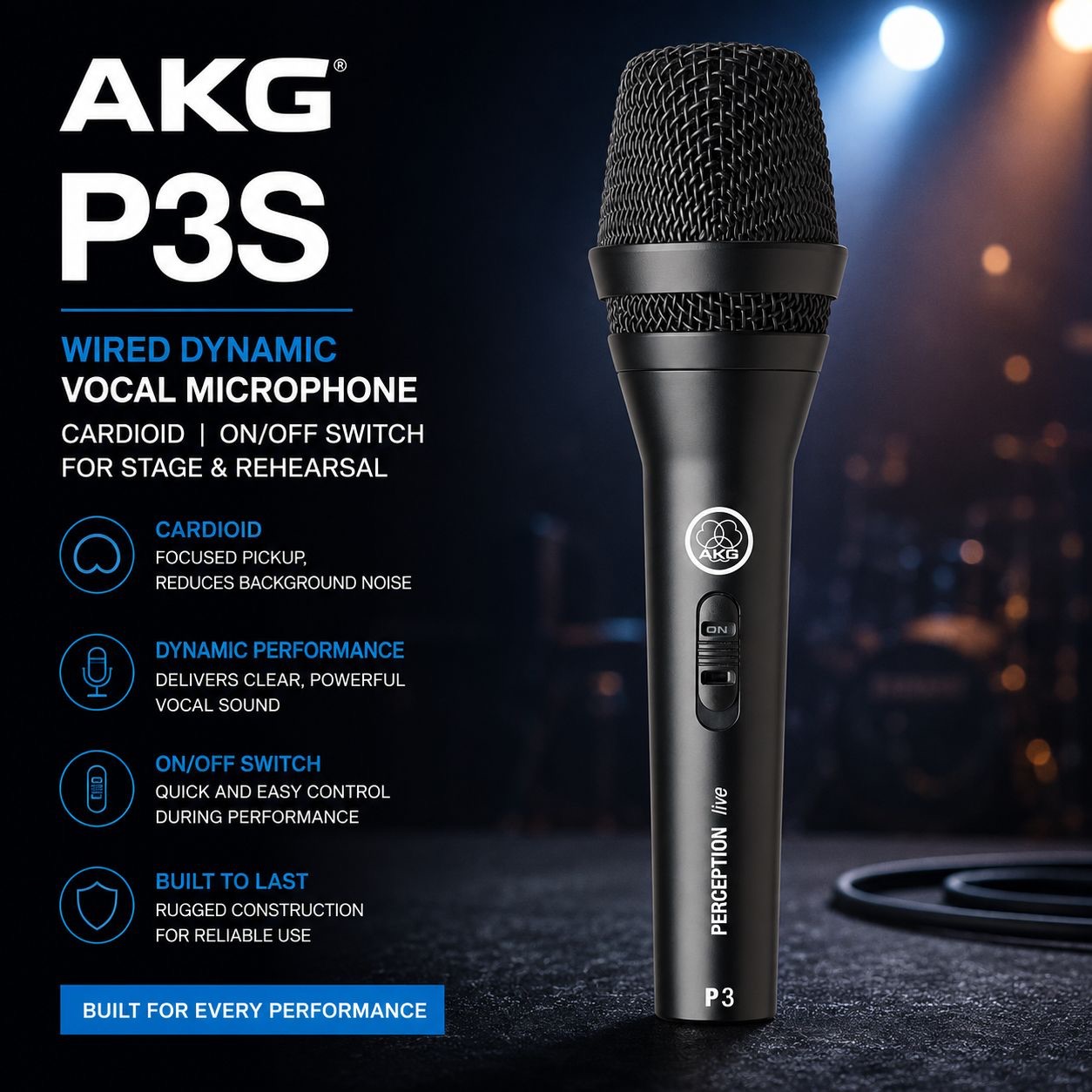 AKG P3S Mikrofon Dinamik Vokal Berwayar – Cardioid dengan Suis Hidup/Mati untuk Pentas & Latihan