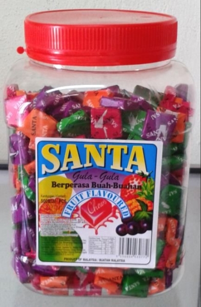 S1 500pcs x 8 jars Santa Fruit Chew Fruit Flavour Chews Candy Santa Selangor, Kuala Lumpur (KL), Malaysia. Wholesaler, Manufacturer, Supplier, Supply | Chong San Industries Sdn Bhd