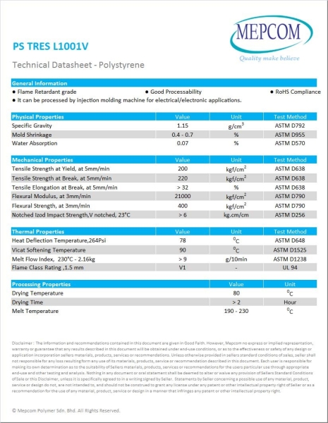 PS TRES L1001V Polystyrene (PS) Malaysia, Johor Bahru (JB) Service, Manufacturer | Zpluspolymer Sdn Bhd