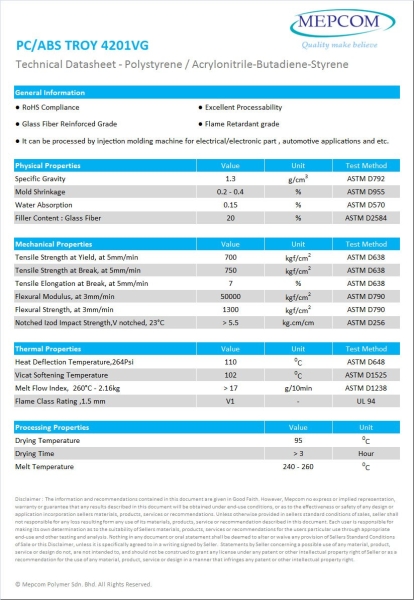 PC/ABS TROY 4201VG Polycarbonate / Acrylonitrile Butadiene Styrene (PC/ABS) Malaysia, Johor Bahru (JB) Service, Manufacturer | Zpluspolymer Sdn Bhd