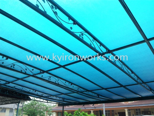 Wrought iron Polycarbonate Green Blue Colour(3mm)Skylight Awning -Frame Ms 1 1/2x 1 1/2(1.2)Hollow ,Bean Ms 2x4(1.6)Hollow, Pillar Ms 2 Inchi Round Hollow & Wrought iron Flower 