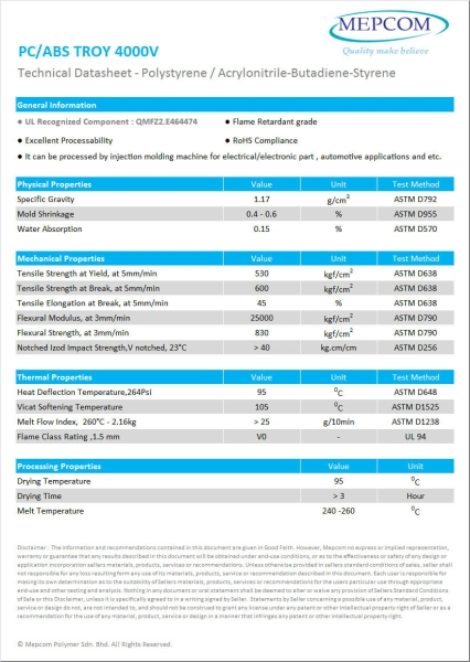 PC/ABS TROY 4000V Polycarbonate / Acrylonitrile Butadiene Styrene (PC/ABS) Malaysia, Johor Bahru (JB) Service, Manufacturer | Zpluspolymer Sdn Bhd