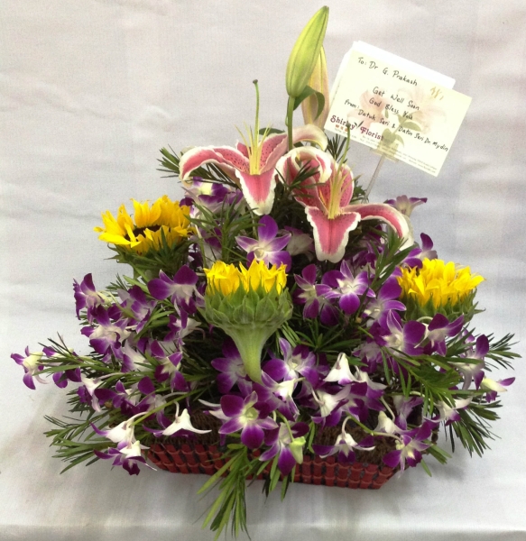 Orchids Basket Arrangement (BA-114) Round Table Arrangement Basket Arrangement Kuala Lumpur (KL), Selangor, Malaysia Supplier, Suppliers, Supply, Supplies | Shirley Florist