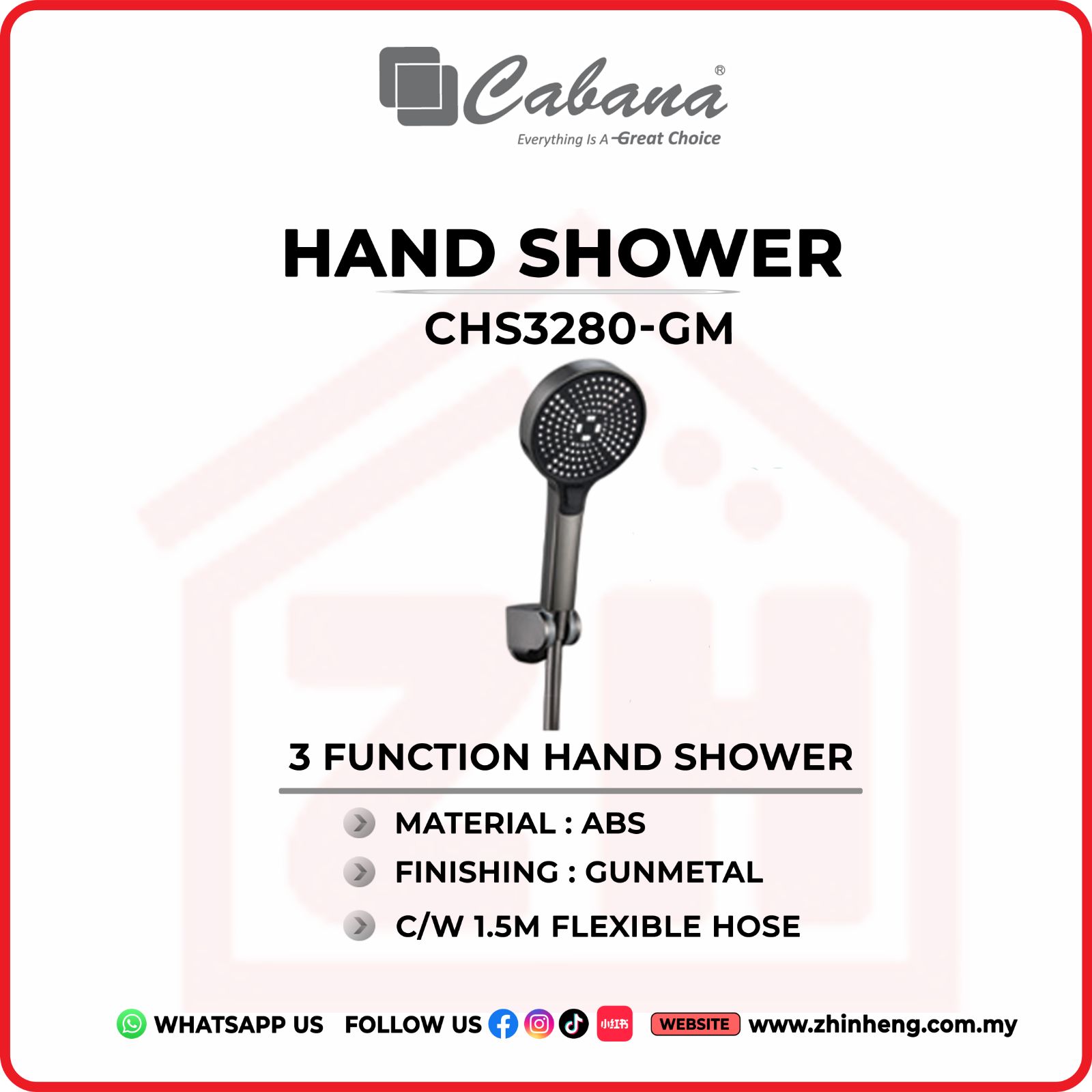 CABANA 3 FUNCTION HAND SHOWER C/W 1.5M FLEXIBLE HOSE  CHS3280-GM
