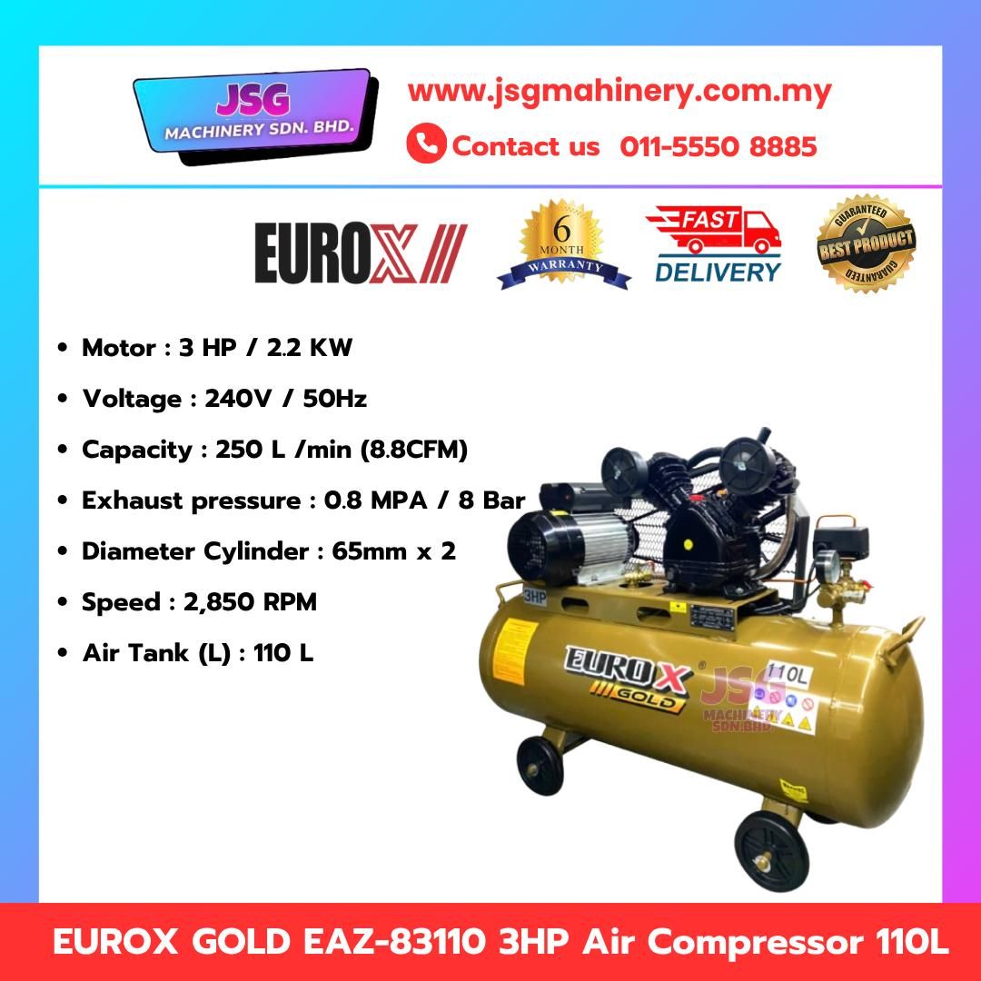 EUROX EAZ-83110 3HP Air Compressor 110L Portable Industrial Compressor