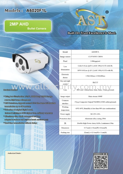 2MP AHD Bullet Camera A6020F1L AHD Camera  CCTV Singapore, Johor, Senai, Selangor, Seremban, Malaysia Manufacturer, Supplier, Supply, Supplies | AST Automation Pte Ltd