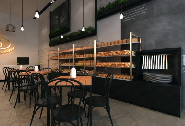 Stainless steel structure with tempered glass shelves with solid black cabinets Side view of Bakery Shop BISCOTTI BITES BAKERY SHOP MODERN INDUSTRIAL DESIGN IN JAYA SHOPPING MALL Shah Alam, Selangor, Kuala Lumpur (KL), Malaysia Service, Interior Design, Construction, Renovation | Lazern Sdn Bhd