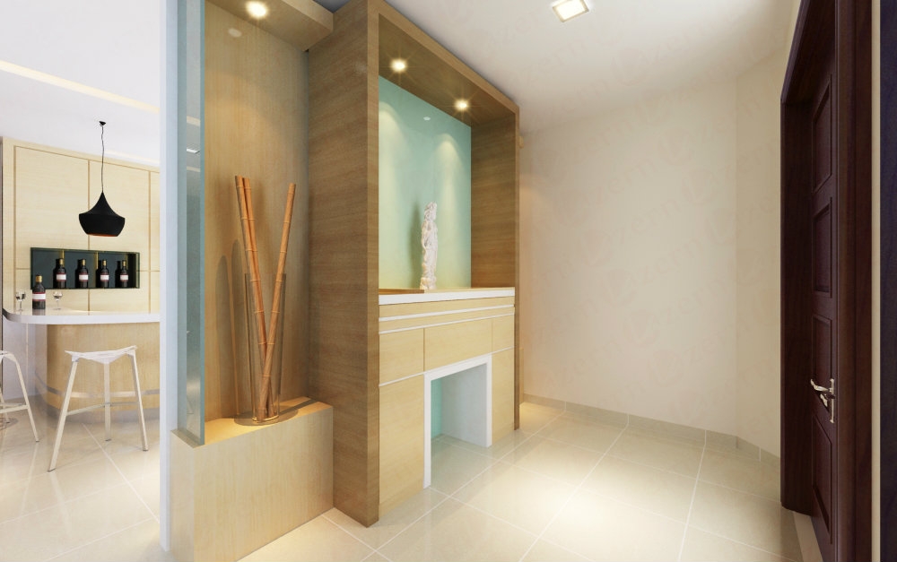 Beautiful Foyer With Altar Tile Mixed With Wood Feature Wall Foyer Area Modern Contemporary Interior Design