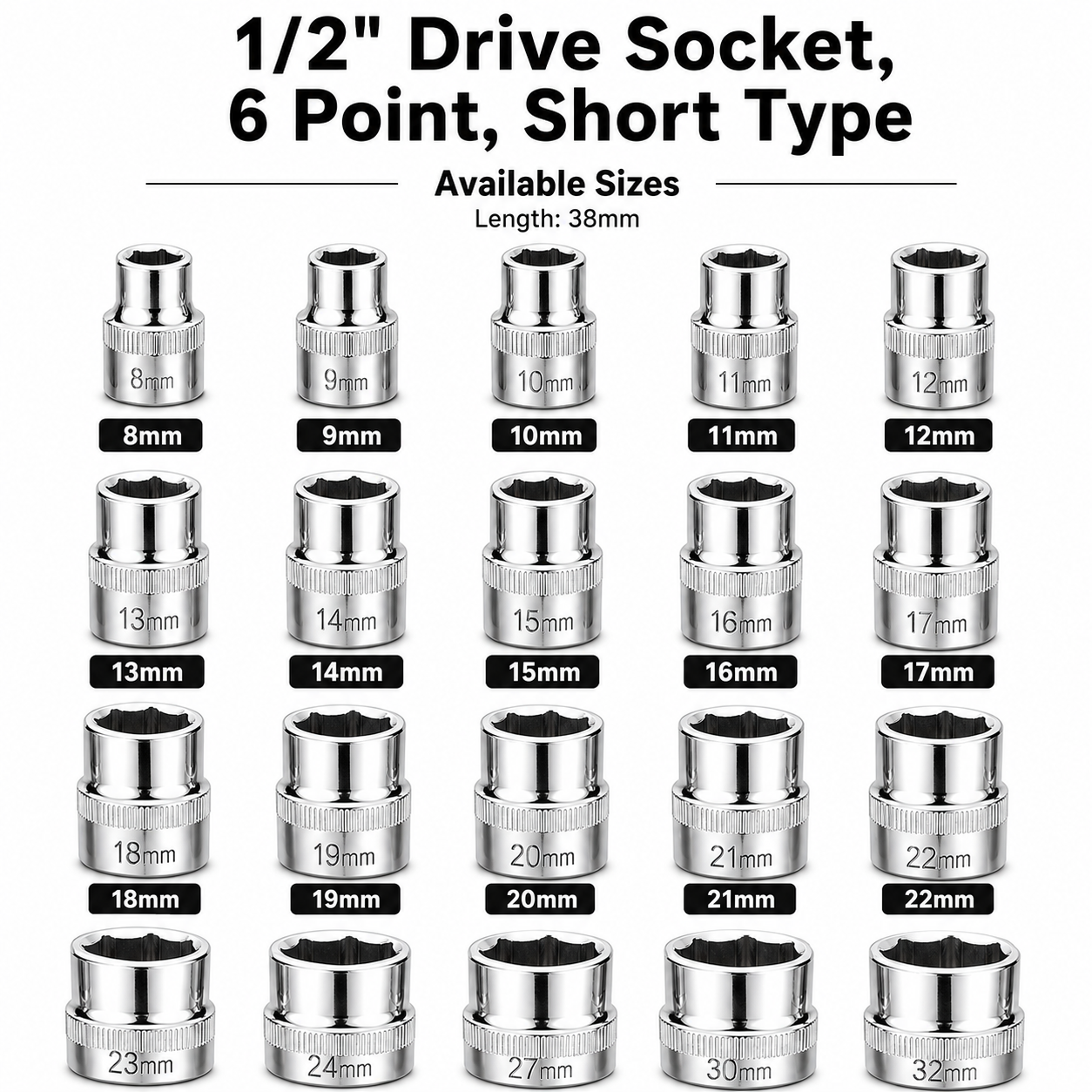 1/2″ Drive Chrome Vanadium Socket, 6 Point, Short Silver | TL-SO3S-[SIZE]S06