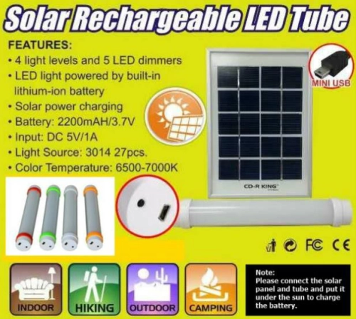 Solar Rechargeable LED Tube (assorted colour)