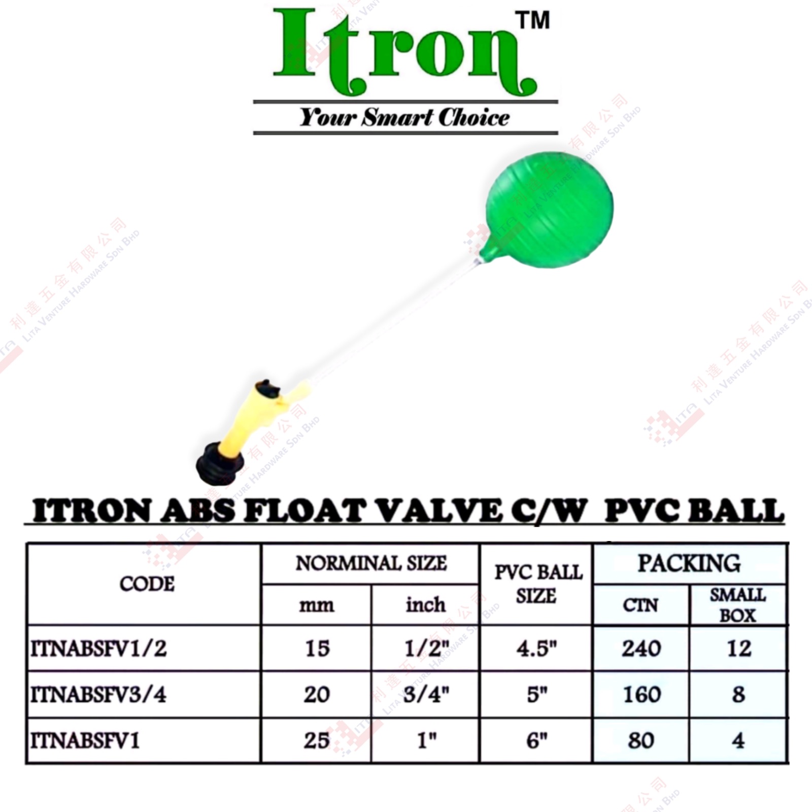ITRON BRAND ABS FLOAT VALVE WITH PVC BALL - ITNABSFV12 ITNABSFV34 ITNABSFV1