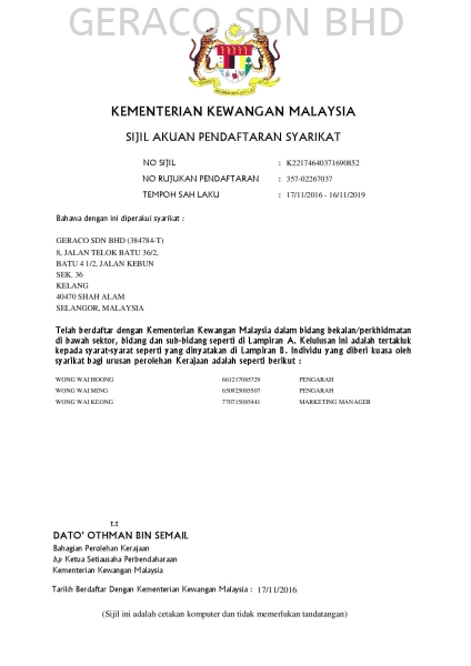 Kementerian Kewangan Certificate