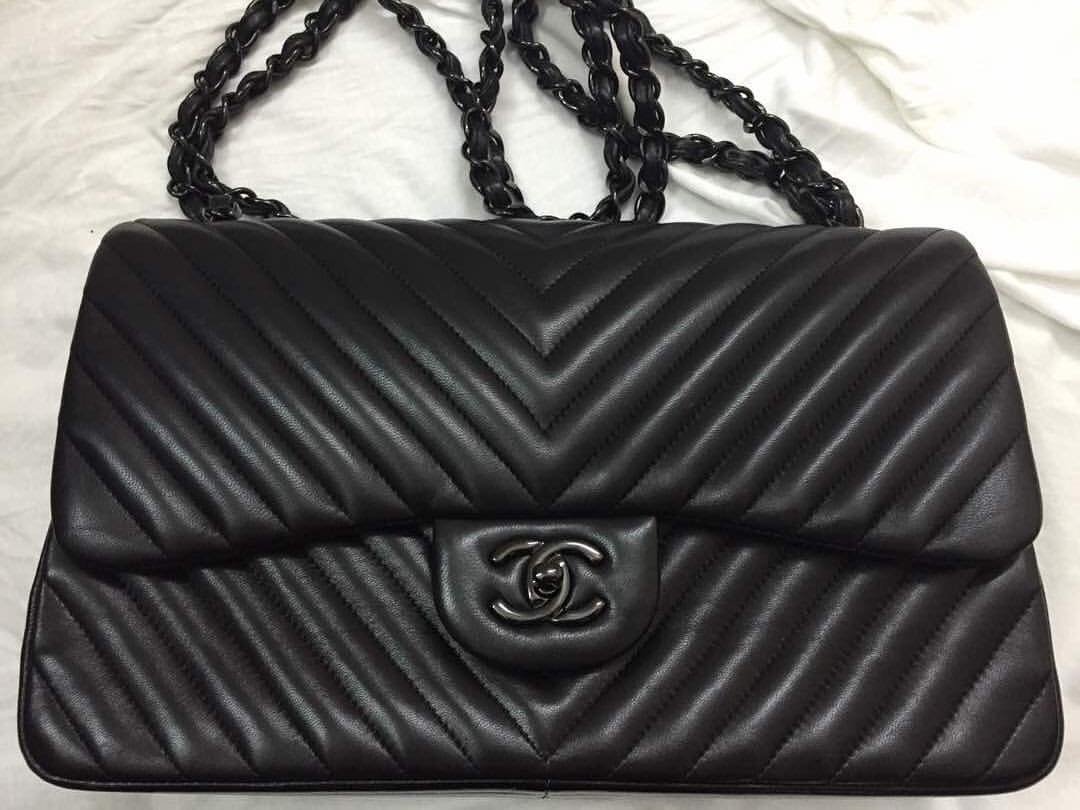 Chanel Bag Chevron So Black Jumbo Classic Double Flap Quilted New   Mightychic