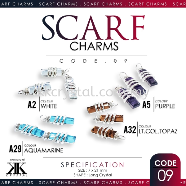 Scarf Charm, Code 09#, Long Shape Crystal, 7x21mm, 10pcs/pack Scarf Charm Kuala Lumpur (KL), Malaysia, Selangor, Klang, Kepong Wholesaler, Supplier, Supply, Supplies | K&K Crystal Sdn Bhd