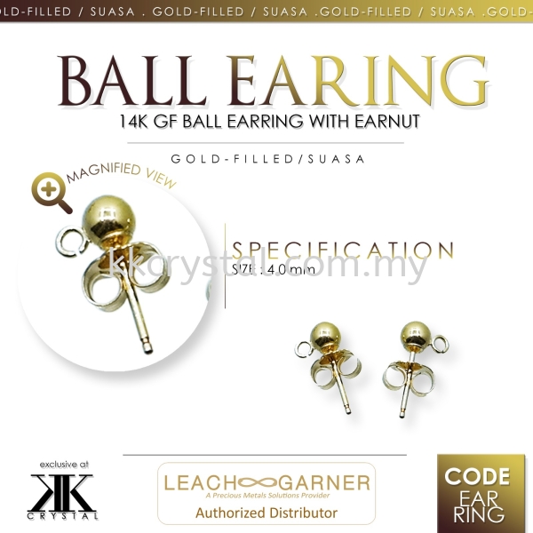 Suasa (Gold Filled), 4mm Ball Earring with Earnut, 5 pairs/pack Earrings Suasa (Gold Filled)  Kuala Lumpur (KL), Malaysia, Selangor, Klang, Kepong Wholesaler, Supplier, Supply, Supplies | K&K Crystal Sdn Bhd