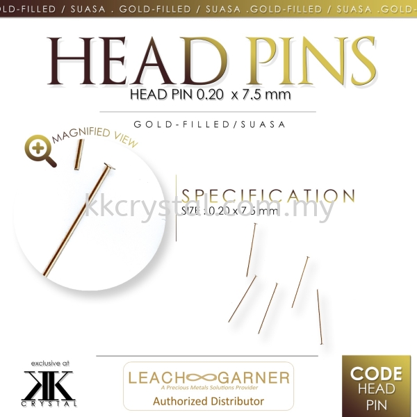 Suasa (Gold Filled), Head Pin, 0.20x 75mm, 10pcs/pack Others Suasa (Gold Filled)  Kuala Lumpur (KL), Malaysia, Selangor, Klang, Kepong Wholesaler, Supplier, Supply, Supplies | K&K Crystal Sdn Bhd