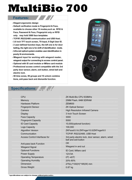 MultiBio-700 Face Scan Reader ( Face, FingerPrint, PIN ) Face Scan Reader SECURITY LOCK SYSTEM Seri Kembangan, Selangor, Kuala Lumpur, KL, Malaysia. Supply, Supplier, Suppliers | e Way Solutions Enterprise