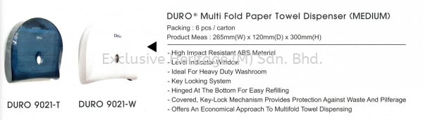 DURO 9021 Multi Fold Towel Paper Dispenser Soap Dispenser and Toilet Seat Sanitizer Dispenser Selangor, Seri Kembangan, Malaysia supplier | Exclusive Heritage (M) Sdn Bhd