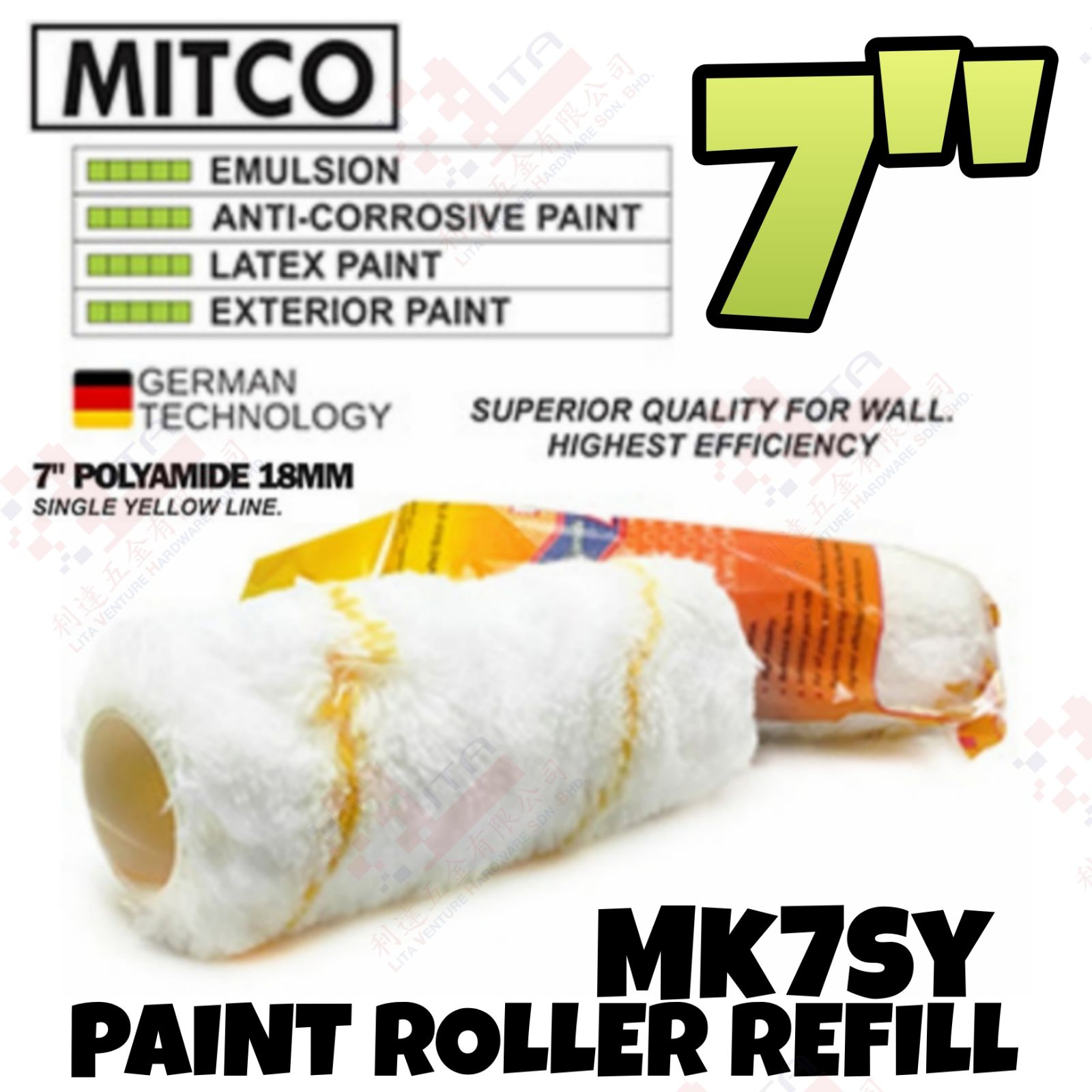 MITCO BRAND 7'' POLYAMIDE 18MM PAINT ROLLER REFILL - MK7SY