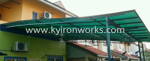 Wrought iron Polycarbonate Green Colour(3mm)Skylight Awning -Frame Ms 1 1/2x 1 1/2(1.2)Hollow ,Bean Ms 2x4(1.6) Hollow,Pillar Ms 2 Inchi Round Hollow & Wrought iron Flower 