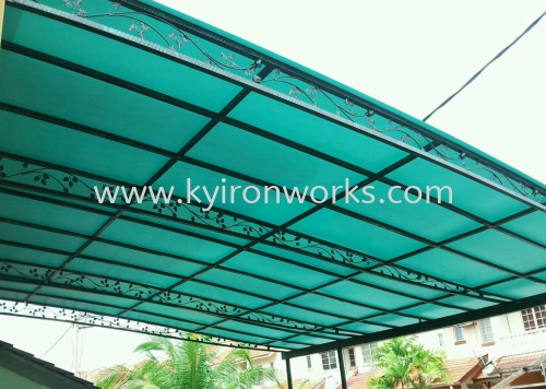 Wrought iron Polycarbonate Green Colour(3mm)Skylight Awning -Frame Ms 1 1/2x 1 1/2(1.2)Hollow ,Bean Ms 2x4(1.6) Hollow,Pillar Ms 2 Inchi Round Hollow & Wrought iron Flower 