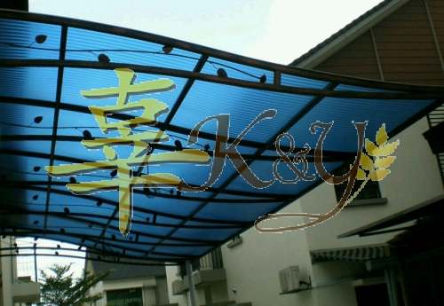 Wrought iron Polycarbonate Blue Line Colour(3mm)Skylight Awning -Frame Ms 1 1/2x 1 1/2(1.2)Hollow ,Pillar Ms 2 Inchi Round Hollow & Wrought iron Flower 