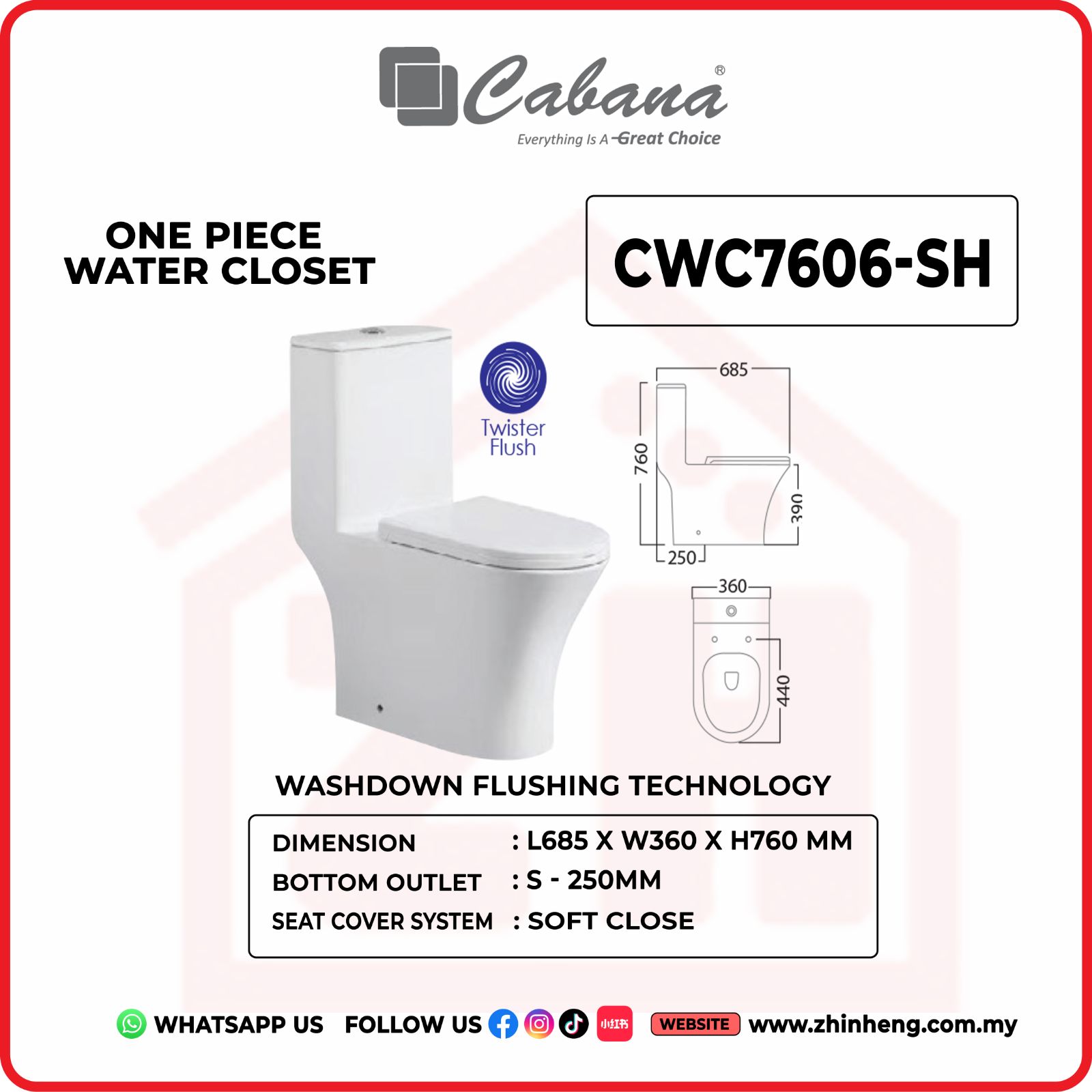 CABANA CWC7606-SH One Piece Water Closet Washdown Flushing Technology
