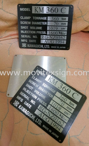 machine plate to indicate the model n date of manufature n serial No. We able to Uv print or laser making on stainless steel plate ir chemical Etaching on aluminum plate for all kind of heavy equipment mechine used. 