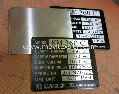 mechine tag for your resale machine use to indicate the model n date of manufature n serial No. We able to Uv print or laser making on stainless steel plate ir chemical Etaching on aluminum plate for all kind of heavy equipment mechine used. (click for more detail)