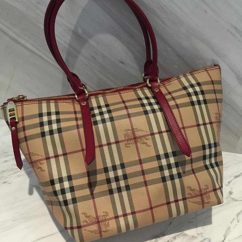 (SOLD) Burberry Haymarket Salisbury Mixedmedia Shoulder Tote in Red Leather Trim