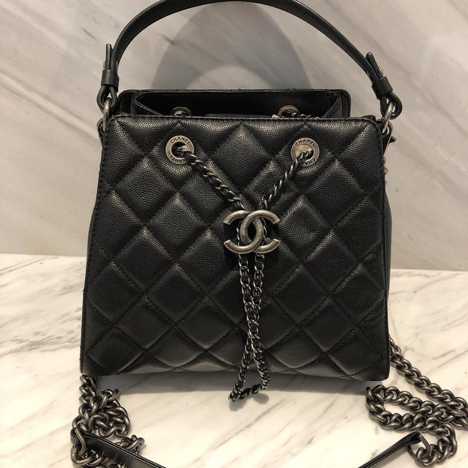 SOLD) Chanel Accordion Small Bucket Bag in Black Caviar with RHW