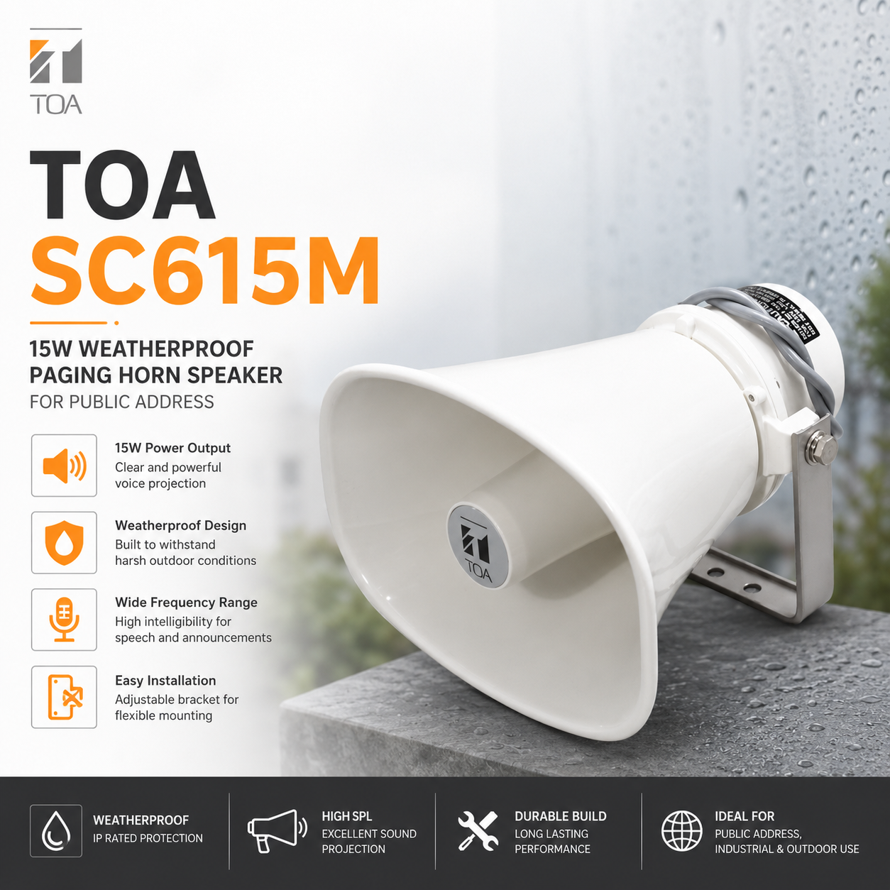 TOA SC615M – Pembesar Suara Horn 15W Kalispanjang Tahan Cuaca untuk Pengumuman Awam