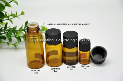 AMBER GLASS BOTTLE WITH BLACK CAP + INSERT