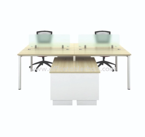 MUPHI CLUSTER OF 4 OFFICE WORKSTATION METAL OCTAGON LEG C/W GLASS PANEL DIVIDER & SIDE CABINET 