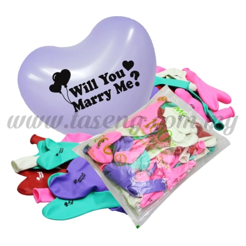 12inch Will You Marry Me 1 Side Heart Shape Printed Balloons 50pcs (B-12HS-WUMM50)