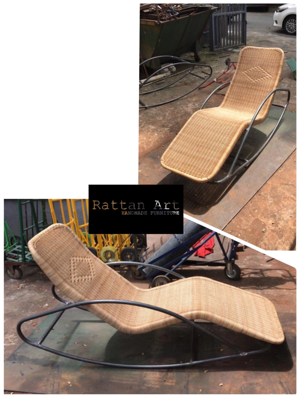 Custom Made Rattan Rocking Chair With Metal Legs