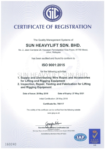 SUN HEAVYLIFT WAS ESTABLISH AND COMPLY WITH ISO 9001:2015 ON MAY 2018