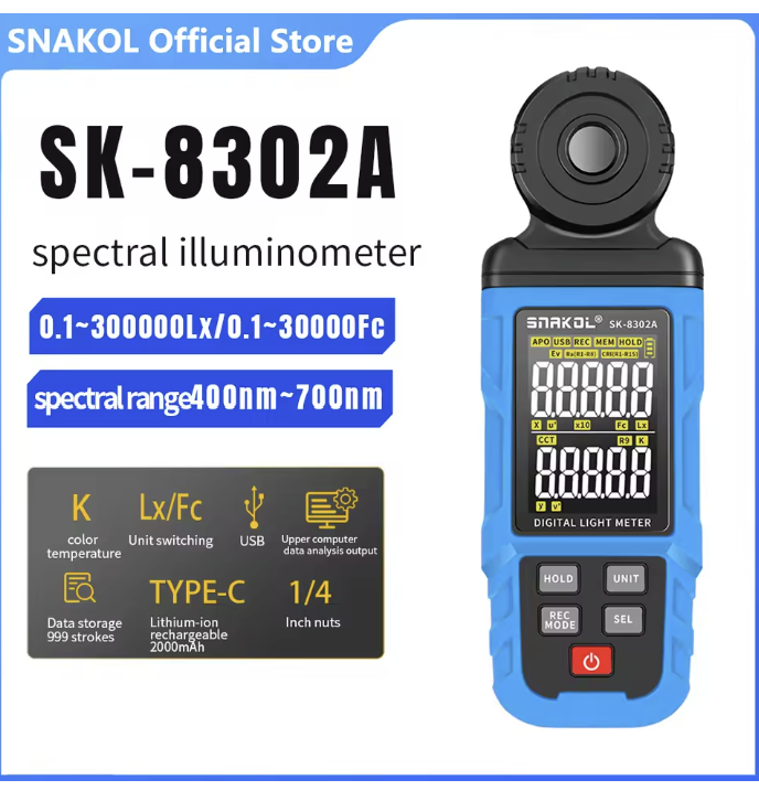 SNAKOL Spectral Illuminometer SK-8301A/8302A 0~300,000 Lux Photometer High Precision Digital Illuminance Meter CCT Lux/FC