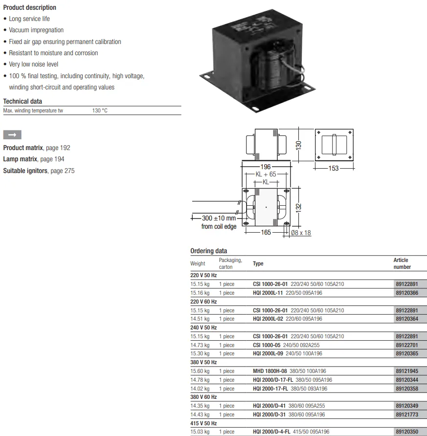 OSRAM HQI-TS 2000W/D/S CABLE BALLAST HQI 2000L-09 240/50 100A196 89120365