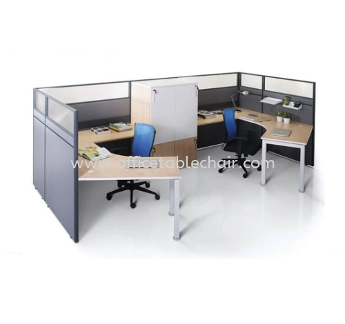 2 CLUSTER L-SHAPE WORKSTATION C/W HALF GLASS PARTITION, METAL LEG & CABINET