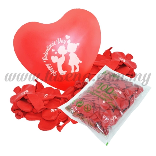 12inch Happy Valentine's Day 1 Side Heart Shape Printed Balloons 50pcs - Red (B-12HS-HV50-R)