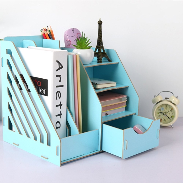 Double Grid Wooden Office Table Organizer Document Rack with Drawer (Blue) Desk Organizer Office Furniture Malaysia, Selangor, Kuala Lumpur (KL) Supplier, Suppliers, Supply, Supplies | Like Bug Sdn Bhd